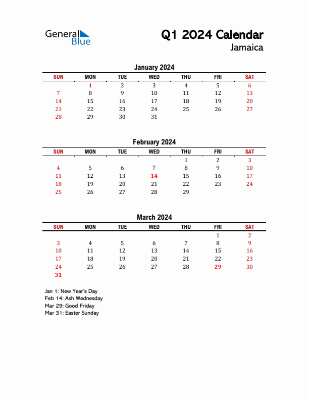 2024 Q1 Calendar with Holidays List for Jamaica