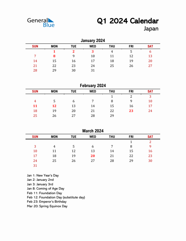 2024 Q1 Calendar with Holidays List for Japan