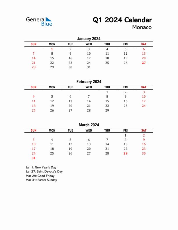 2024 Q1 Calendar with Holidays List for Monaco