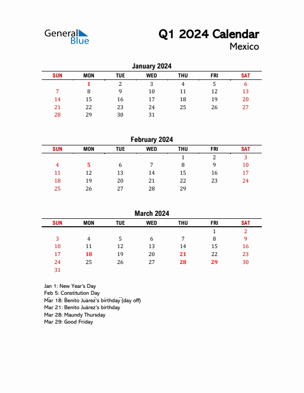 2024 Q1 Calendar with Holidays List for Mexico