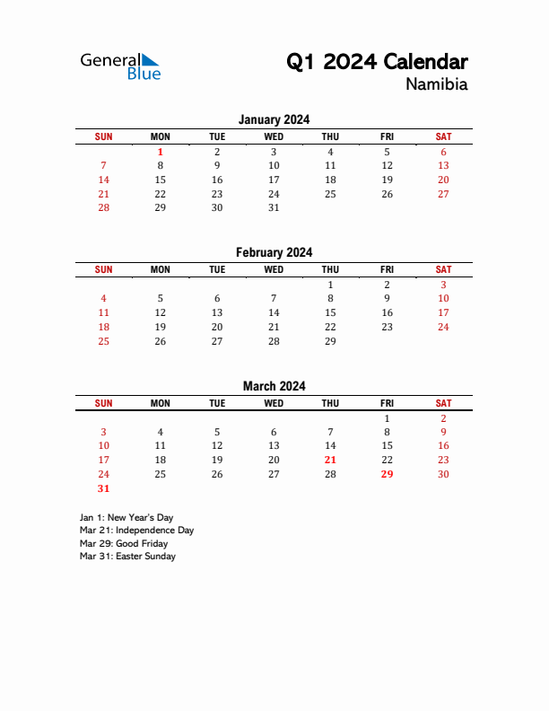 2024 Q1 Calendar with Holidays List for Namibia