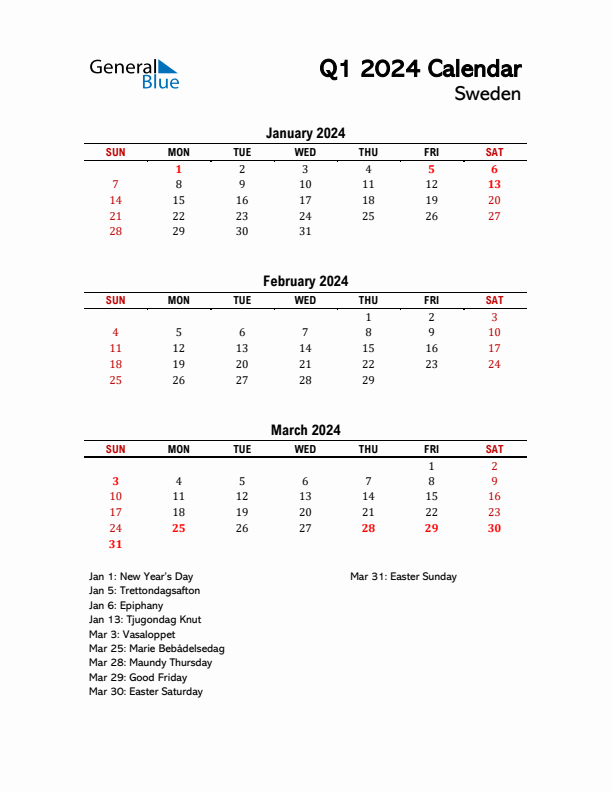 2024 Q1 Calendar with Holidays List for Sweden