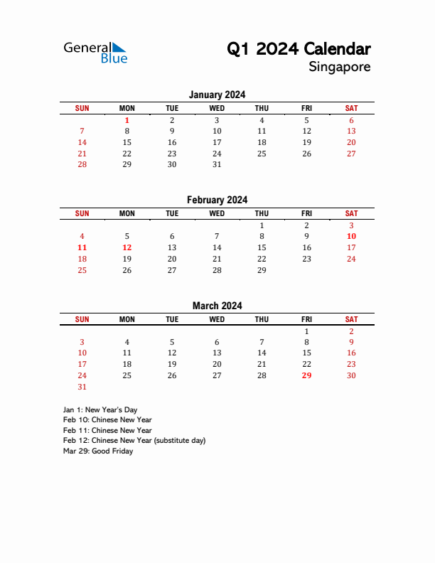 2024 Q1 Calendar with Holidays List for Singapore