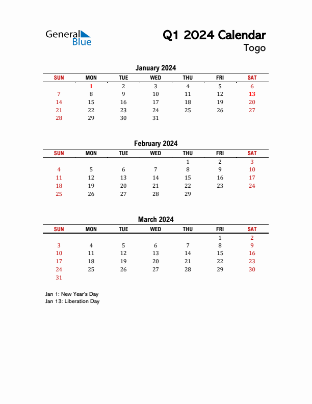 2024 Q1 Calendar with Holidays List for Togo