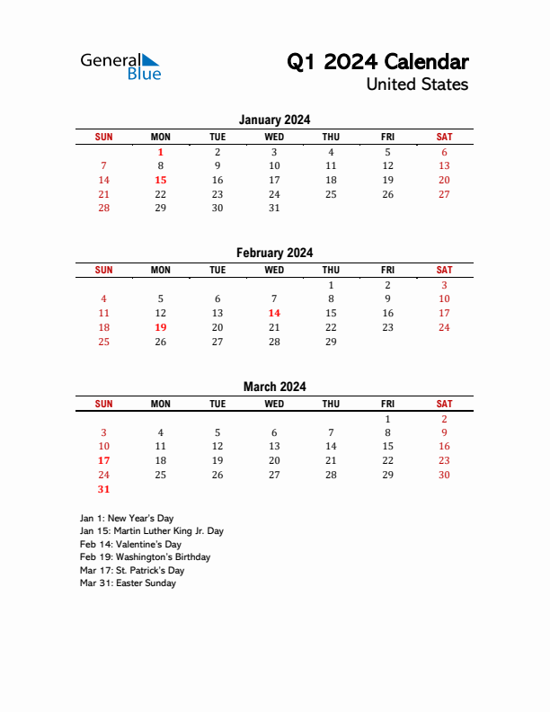 2024 Q1 Calendar with Holidays List for United States