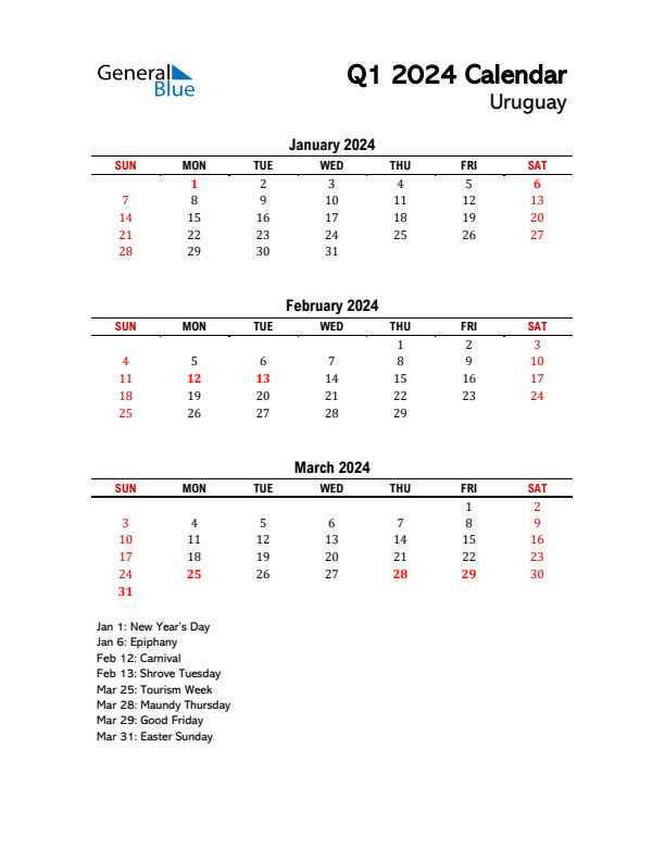 2024 Q1 Calendar with Holidays List for Uruguay