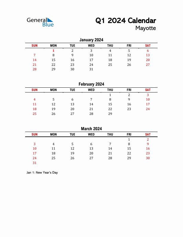 2024 Q1 Calendar with Holidays List for Mayotte