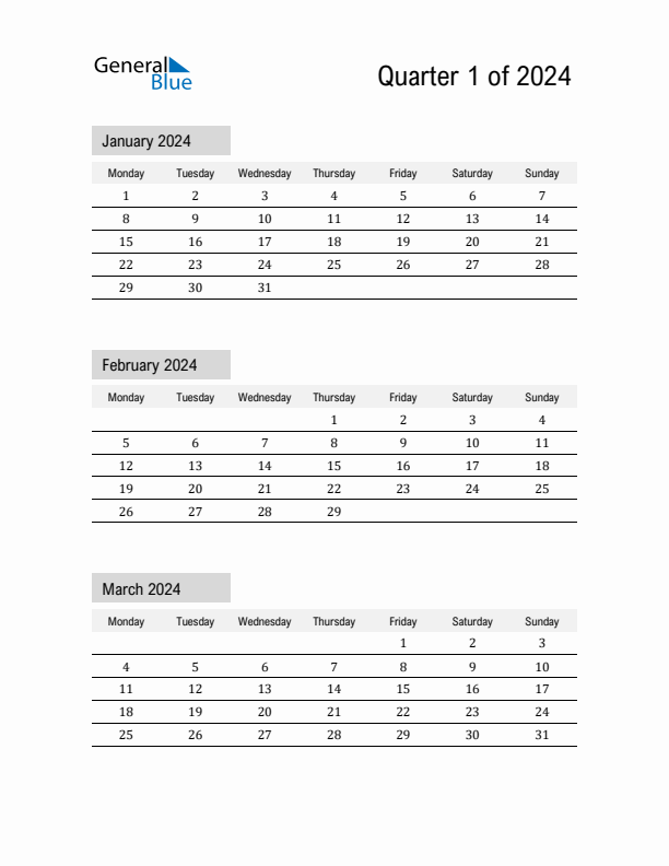 January, February, and March Calendar 2024