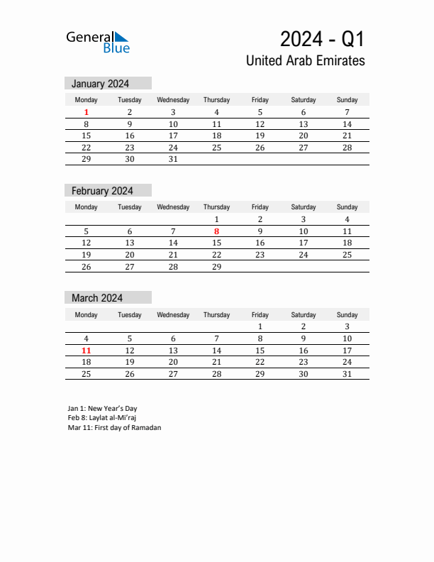 United Arab Emirates Quarter 1 2024 Calendar with Holidays