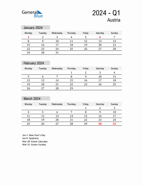 Austria Quarter 1 2024 Calendar with Holidays