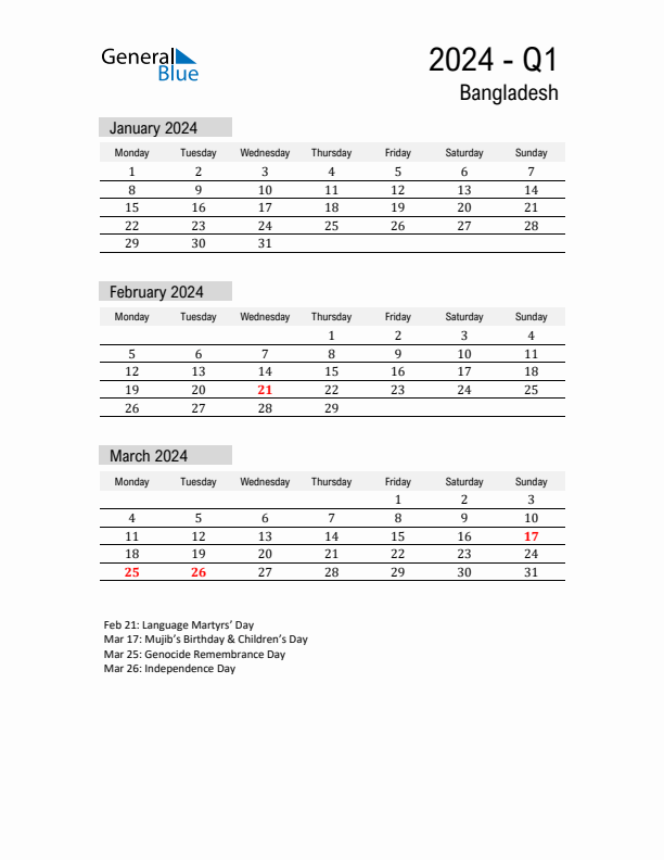 Bangladesh Quarter 1 2024 Calendar with Holidays