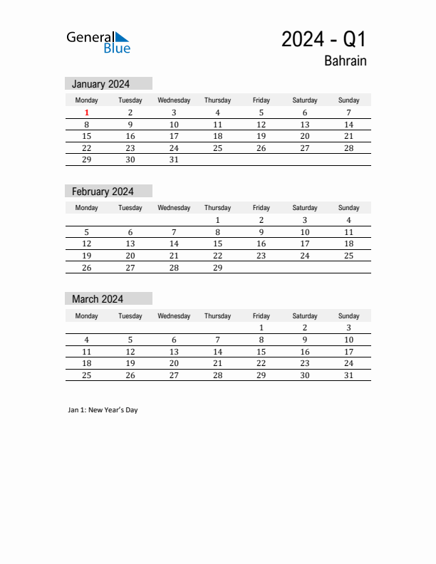 Bahrain Quarter 1 2024 Calendar with Holidays