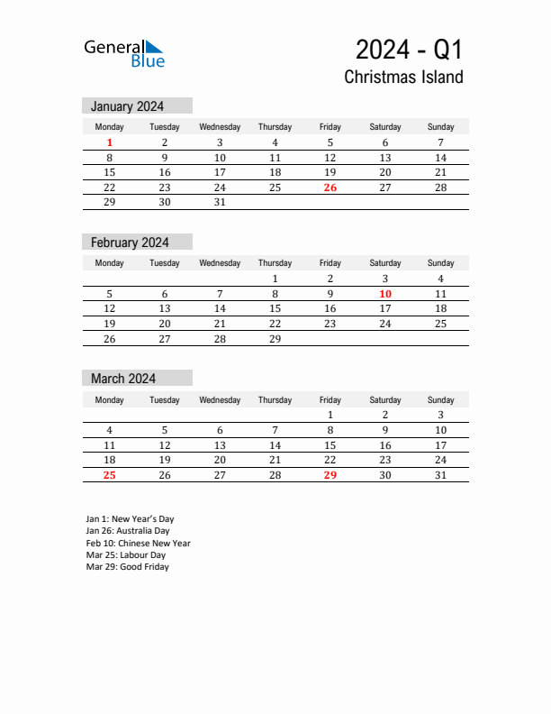 Christmas Island Quarter 1 2024 Calendar with Holidays