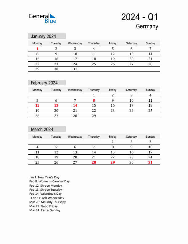 Germany Quarter 1 2024 Calendar with Holidays