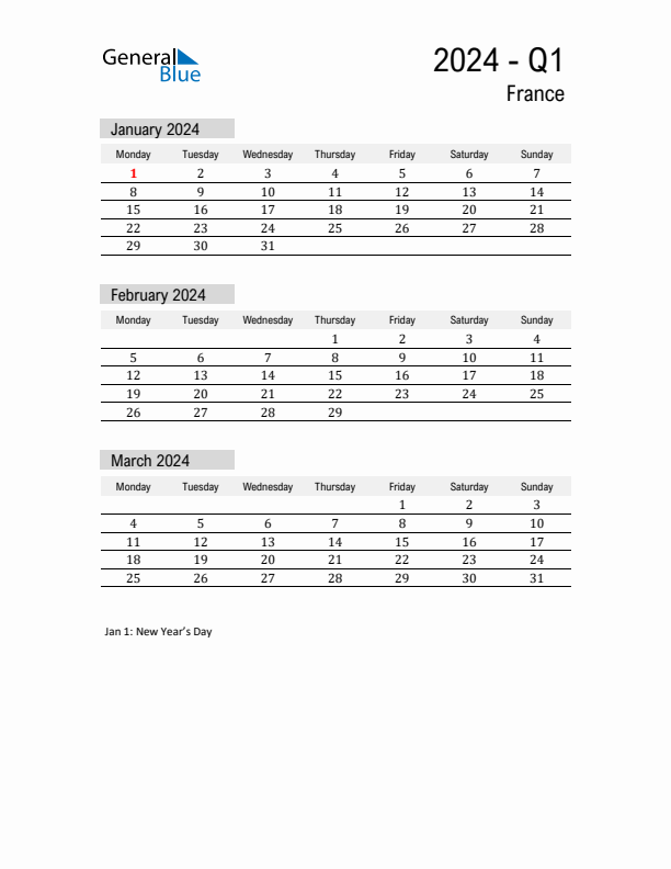France Quarter 1 2024 Calendar with Holidays