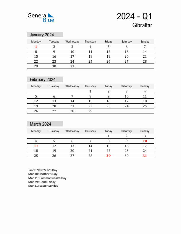 Gibraltar Quarter 1 2024 Calendar with Holidays