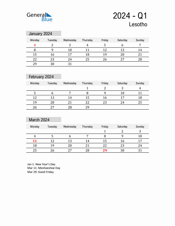 Lesotho Quarter 1 2024 Calendar with Holidays