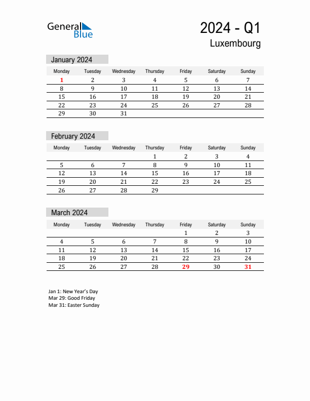 Luxembourg Quarter 1 2024 Calendar with Holidays