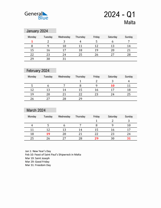 Malta Quarter 1 2024 Calendar with Holidays