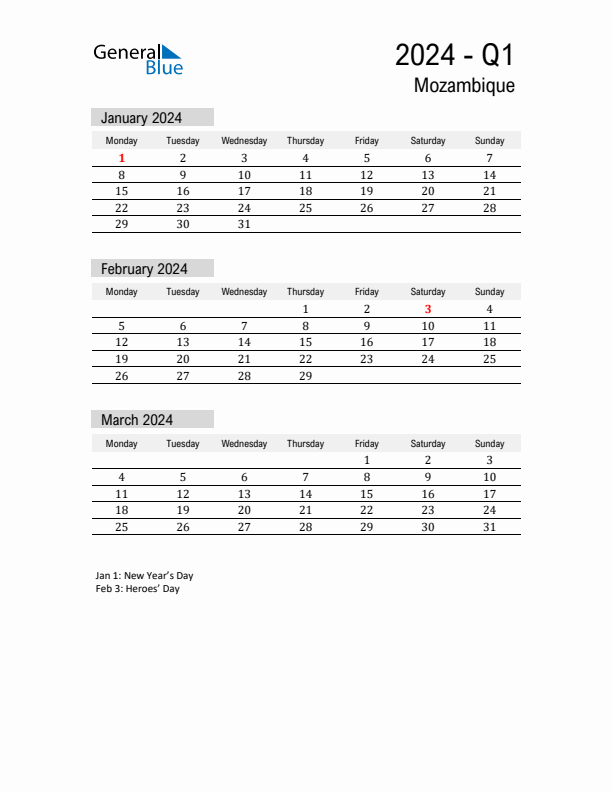 Mozambique Quarter 1 2024 Calendar with Holidays