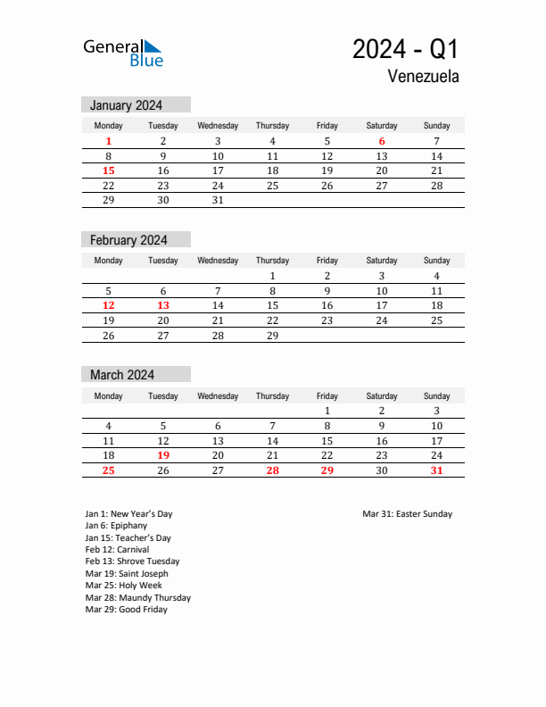 Venezuela Quarter 1 2024 Calendar with Holidays