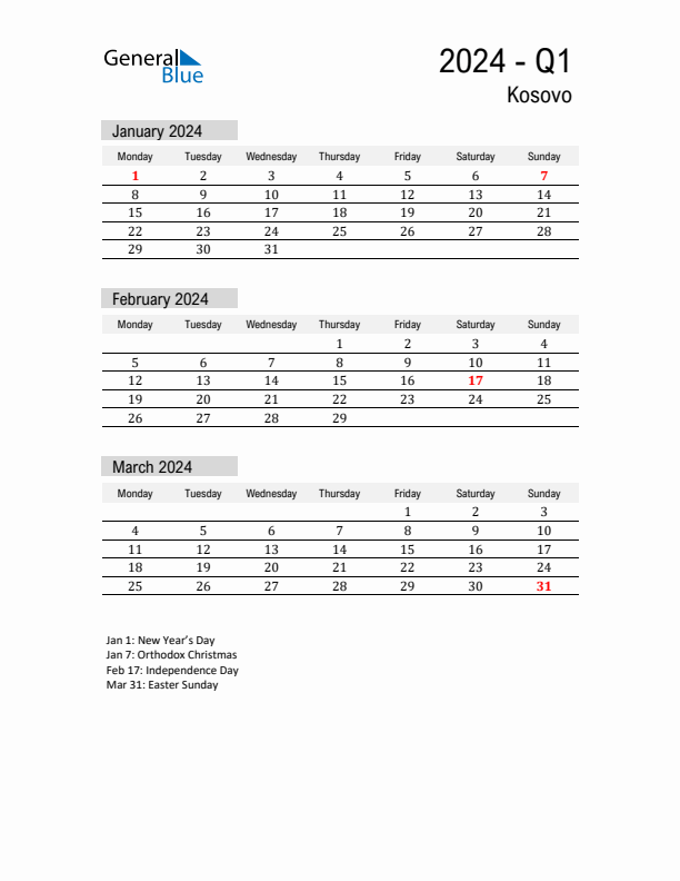 Kosovo Quarter 1 2024 Calendar with Holidays