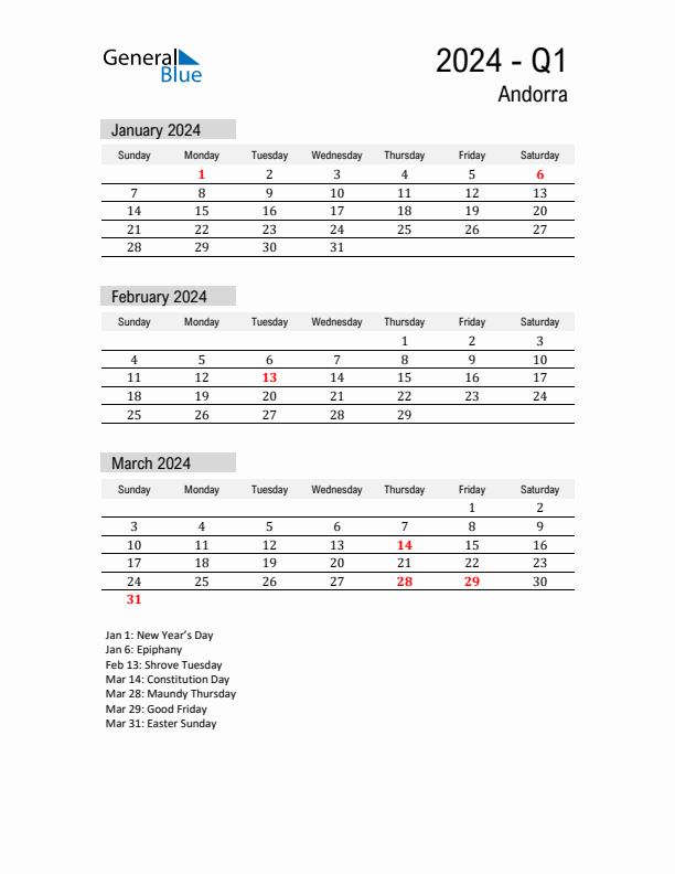 Andorra Quarter 1 2024 Calendar with Holidays