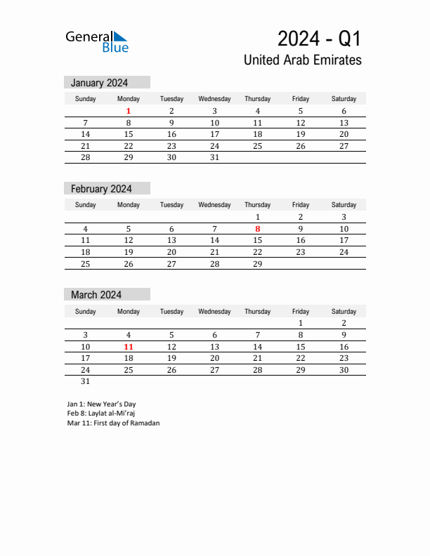 United Arab Emirates Quarter 1 2024 Calendar with Holidays