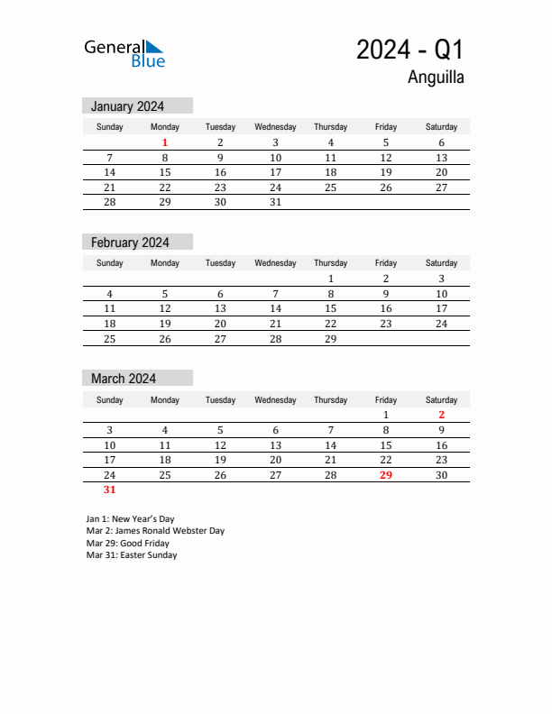 Anguilla Quarter 1 2024 Calendar with Holidays