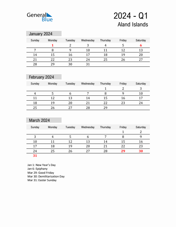 Aland Islands Quarter 1 2024 Calendar with Holidays