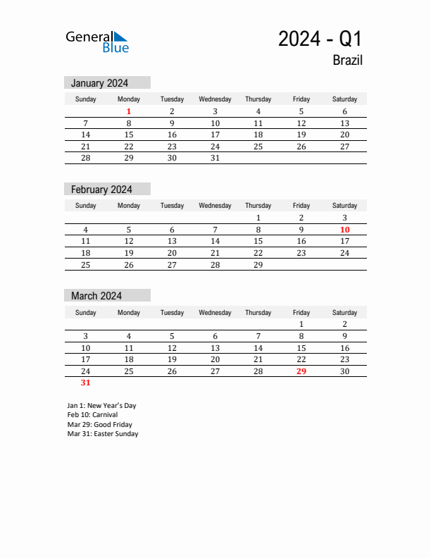 Brazil Quarter 1 2024 Calendar with Holidays