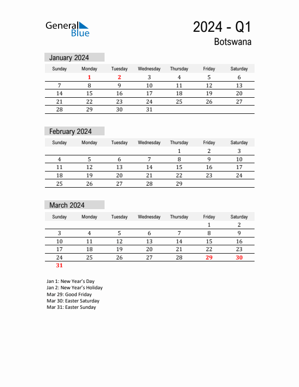 Botswana Quarter 1 2024 Calendar with Holidays