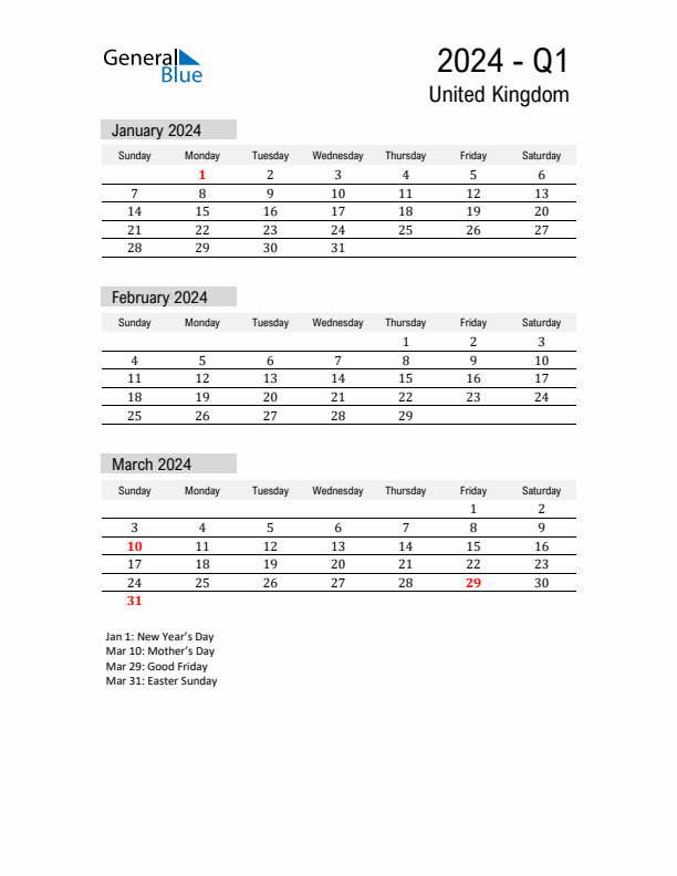 United Kingdom Quarter 1 2024 Calendar with Holidays