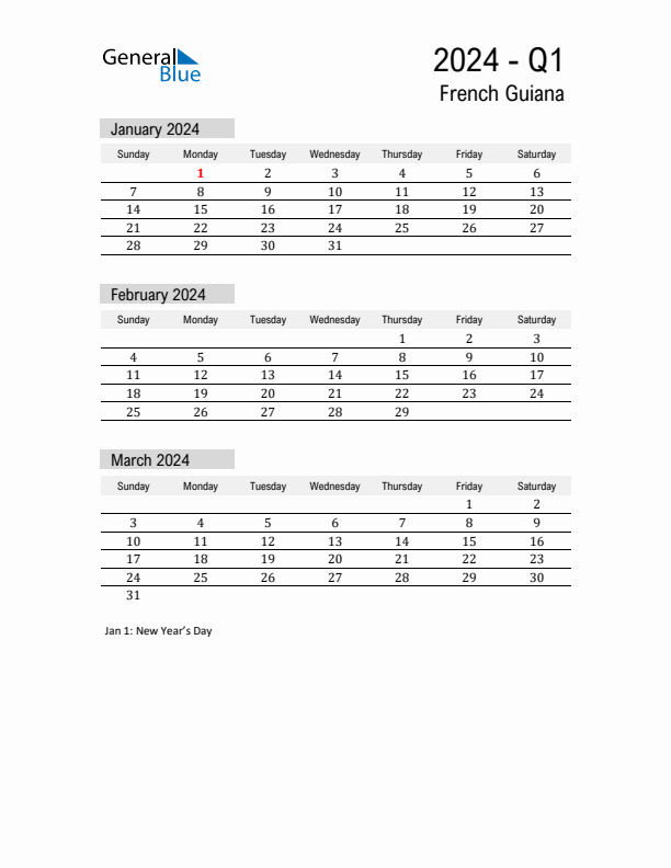 French Guiana Quarter 1 2024 Calendar with Holidays