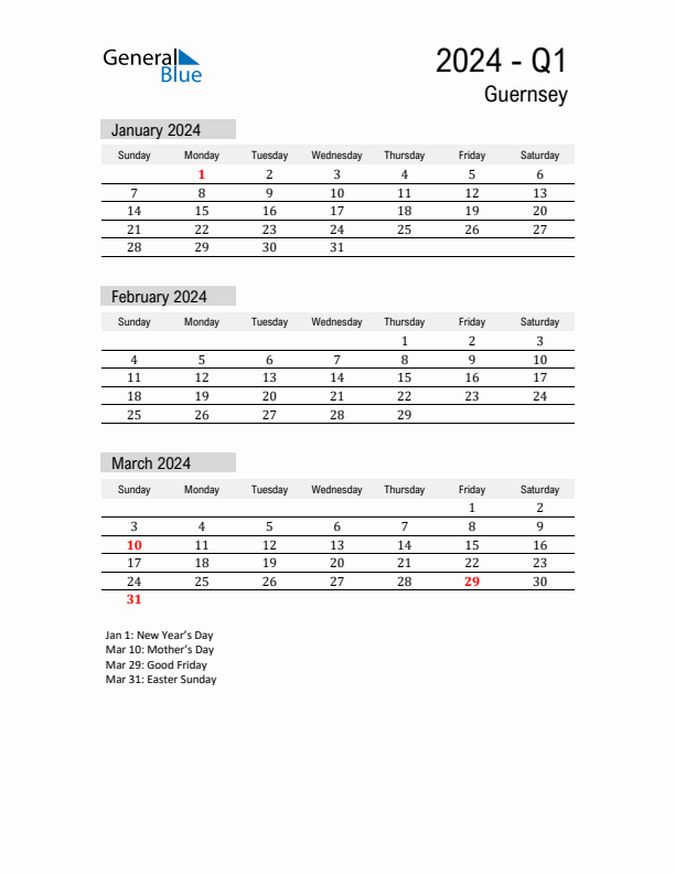 Guernsey Quarter 1 2024 Calendar with Holidays