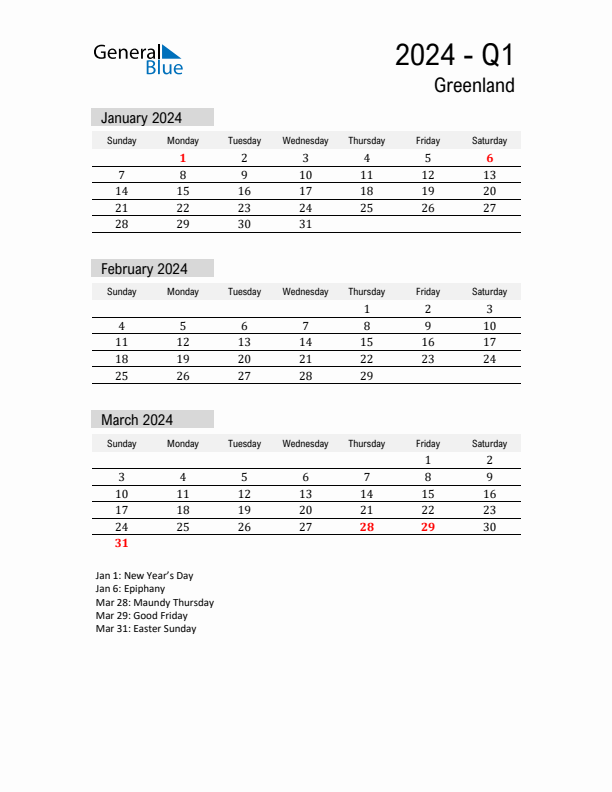 Greenland Quarter 1 2024 Calendar with Holidays