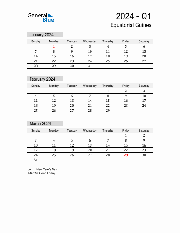 Equatorial Guinea Quarter 1 2024 Calendar with Holidays
