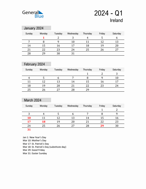 Ireland Quarter 1 2024 Calendar with Holidays