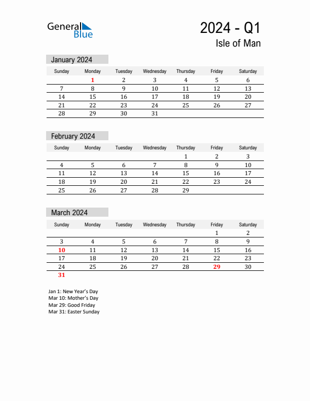 Isle of Man Quarter 1 2024 Calendar with Holidays