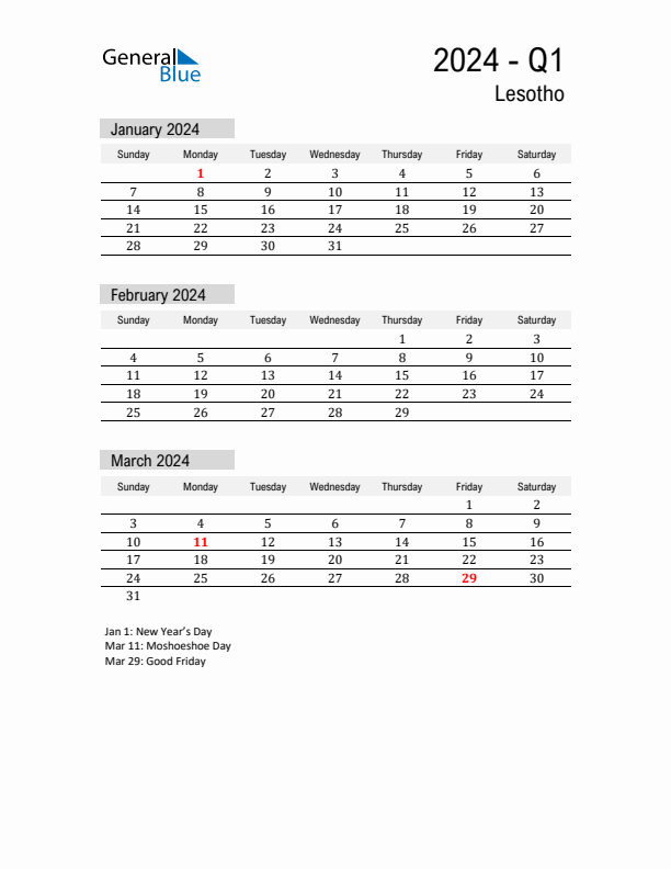 Lesotho Quarter 1 2024 Calendar with Holidays