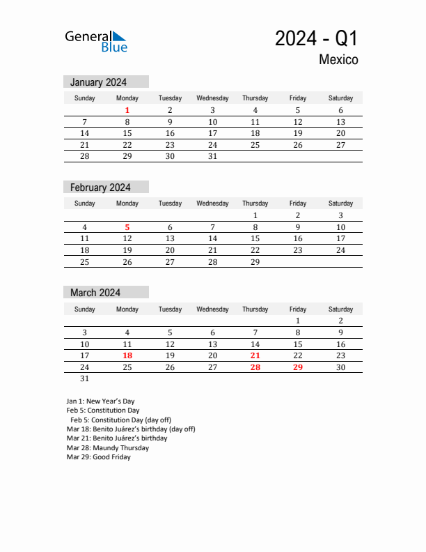 Mexico Quarter 1 2024 Calendar with Holidays