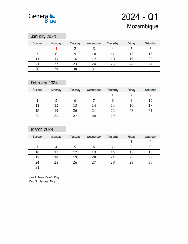 Mozambique Quarter 1 2024 Calendar with Holidays