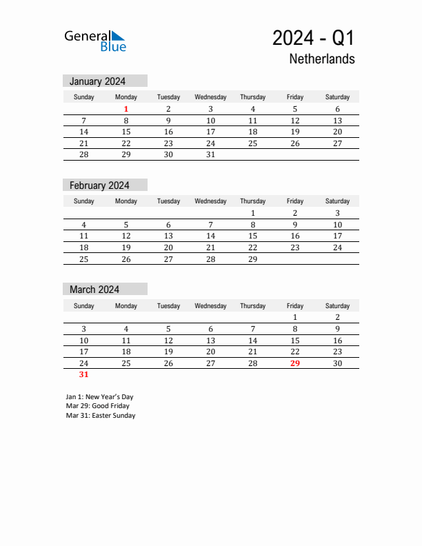 The Netherlands Quarter 1 2024 Calendar with Holidays