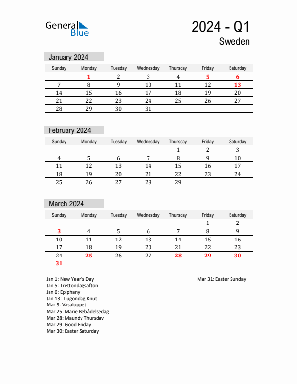 Sweden Quarter 1 2024 Calendar with Holidays