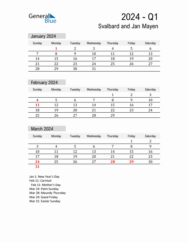 Svalbard and Jan Mayen Quarter 1 2024 Calendar with Holidays