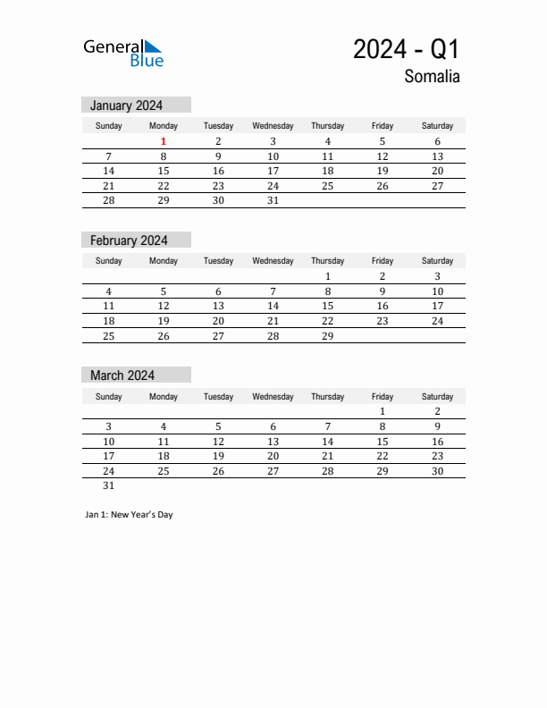 Somalia Quarter 1 2024 Calendar with Holidays