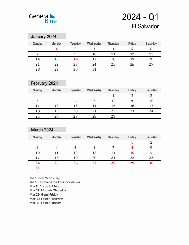 El Salvador Quarter 1 2024 Calendar with Holidays