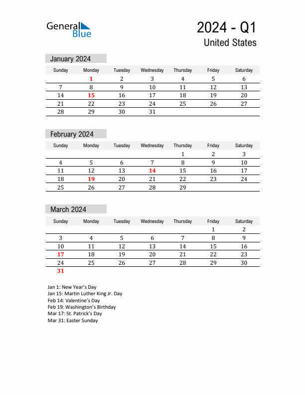 United States Quarter 1 2024 Calendar with Holidays