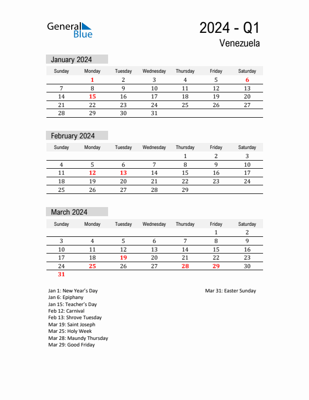 Venezuela Quarter 1 2024 Calendar with Holidays