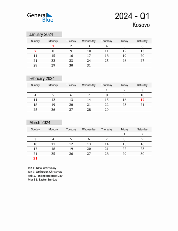 Kosovo Quarter 1 2024 Calendar with Holidays